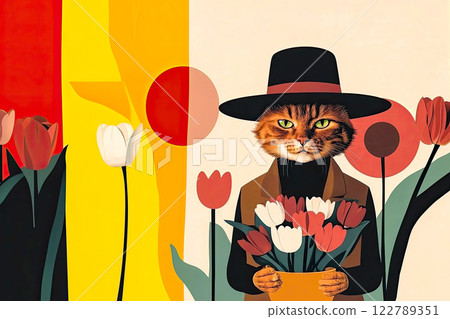 Drawing with a red man in a suit and hat holds a bouquet of spring flowers tulips, bright multi-colored background and idea card for Valentine's Day decorated with flowers Drawing with a red man in a suit and hat holds a bouquet of spring flowers tulips, bright multi-colored background and idea card for Valentine's Day decorated with flowers 122789351