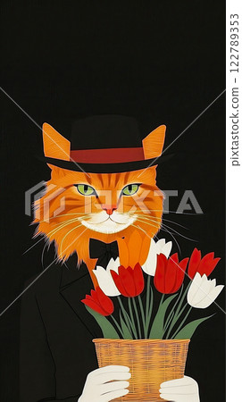 Vertical composition with a cat with a bouquet of tulips, stands on a black background, vertical poster for a background for Valentine's Day or a spring holiday Vertical composition with a cat with a bouquet of tulips, stands on a black background, vertical poster for a background for Valentine's Day or a spring holiday 122789353