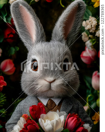 Postcard with rabbit holding bouquet of tulips in its paws, rabbit is dressed in classic three-piece suit and gives spring tulips, dark background with spring flowers, vertical valentine concept 122789365