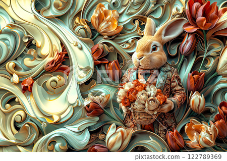 Art Nouveau card with richly decorated floral background and a rabbit with a bouquet of tulips, concept for Valentine's card design with a rabbit giving beautiful tulips Art Nouveau card with richly decorated floral background and a rabbit with a bouquet of tulips, concept for Valentine's card design with a rabbit giving beautiful tulips 122789369