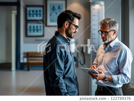 Doctor consulting on patient's test results, holding tablet with data, dialogue and advice from specialists in clinic, healthcare and health concept, modern general practitioner office 122789376