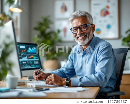 Portrait elderly GP table office filling out patients' paperwork, background of medical records modern doctor's office, monitors displaying patients' test results , concept of modern clinic 122789387