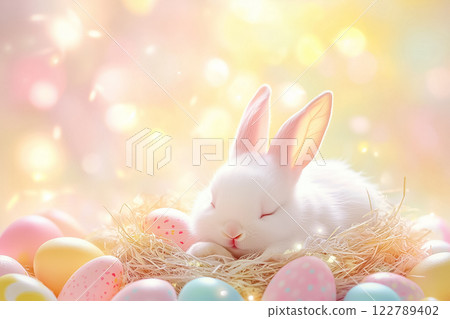 Soft pastel hues create a dreamy atmosphere as a baby bunny dozes peacefully in a nest filled with eggs. 122789402