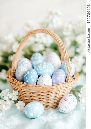 A wicker basket brimming with colorful hand-painted Easter eggs rests on a vintage tablecloth adorned with fresh flowers. The composition radiates a joyful, festive atmosphere perfect for spring. 122789408