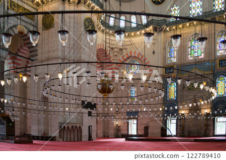 Beautiful chandelier of Suleymaniye mosque, Istanbul. No people. Beautiful chandelier of Suleymaniye mosque, Istanbul. No people. 122789410