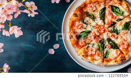 夜晚賞櫻花的春天瑪格麗特披薩拼盤 | 奇幻背景 夜晚賞櫻花的春天瑪格麗特披薩拼盤 | 奇幻背景 122789504