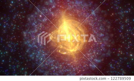 A golden, luminous nebula sphere with surrounding star-like particles in a cosmic space scene, exuding warmth and mystique background 122789509
