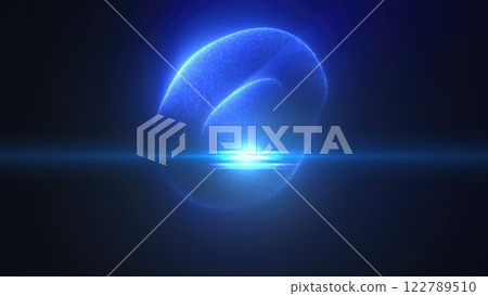 Abstract blue light particles forming a soft sphere shape against a dark background, emitting a radiant glow 122789510