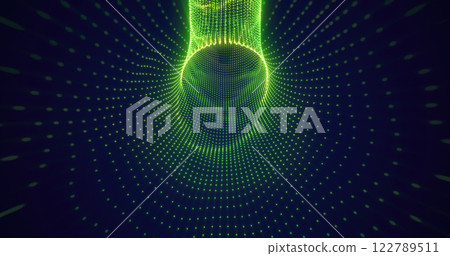 Green glowing dots forming a tunnel, symbolizing futuristic energy and digital technology Green glowing dots forming a tunnel, symbolizing futuristic energy and digital technology 122789511