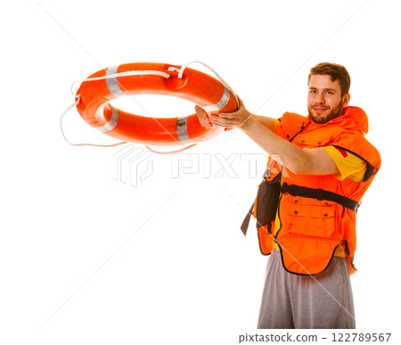 Lifeguard in life vest with ring buoy lifebuoy. Lifeguard in life vest with ring buoy lifebuoy. 122789567