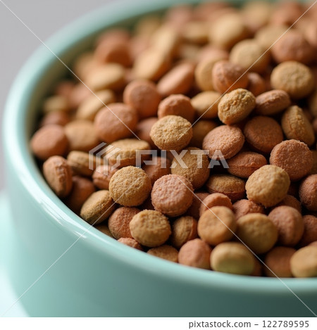 A close-up view of a bowl filled with pet food, showcasing the colorful kibble and a clean, inviting design, emphasizing nourishment and care for pets. 122789595