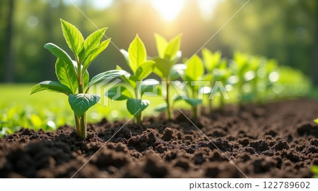 A picturesque row of newly planted trees in a sunny field 122789602