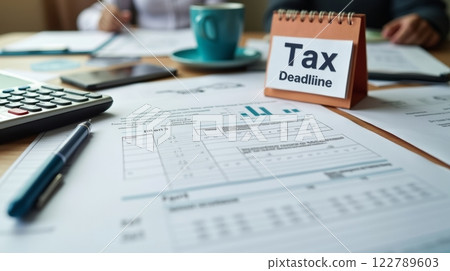 desk with a calendar displaying the tax deadline, surrounded by tax documents and a calculator 122789603