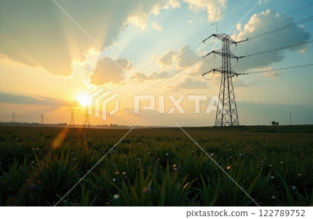 High voltage lines and power pylons in a green agricultural landscape with blue sky on a sunny day. 122789752