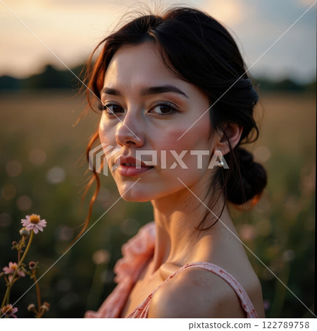 A Young Woman Standing Gracefully in a Vibrant Floral Field at Beautiful Sunset Time 122789758