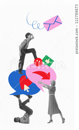 Group balancing oversized chat icons, speech bubbles and messages, illustrating teamwork in online communication Group balancing oversized chat icons, speech bubbles and messages, illustrating teamwork in online communication 122789873