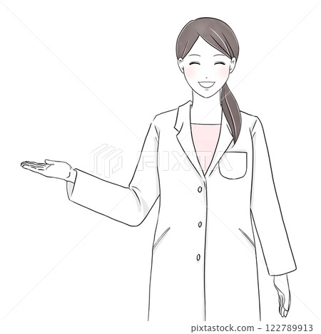 一位身穿白大褂的女士微笑著指引方向的插圖 122789913