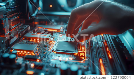 installing a cpu on a motherboard in a computer, glowing orange led lights emphasize the circuitry details in a futuristic tech environment installing a cpu on a motherboard in a computer, glowing orange led lights emphasize the circuitry details in a futuristic tech environment 122790004