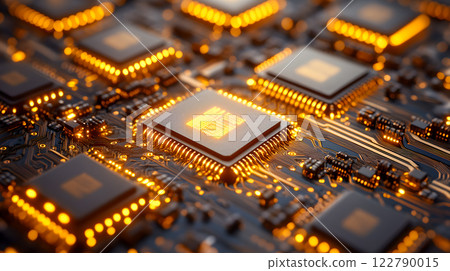 illuminated microchip surrounded by glowing circuitry, showcasing advanced technology and intricate electronic connections for computing innovation 122790015