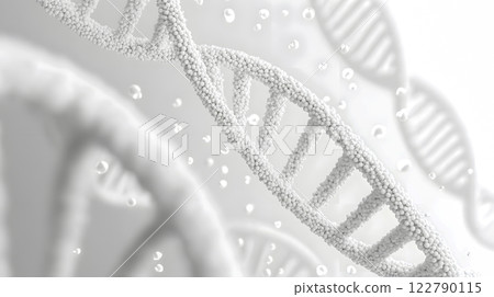 abstract DNA helix composed of white spherical particles on a soft gray background, symbolizing genetics, science, and molecular research 122790115