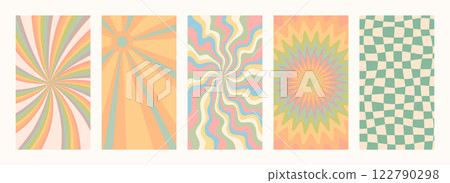 Abstract psychedelic Groovy backgrounds in retro colors. Retro pattern set. Trendy vector texture in abstract y2k style. Vector graphic for posters and art prints. Abstract psychedelic Groovy backgrounds in retro colors. Retro pattern set. Trendy vector texture in abstract y2k style. Vector graphic for posters and art prints. 122790298