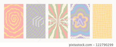 Retro pattern set. Abstract psychedelic Groovy backgrounds in retro colors. Twisted vector texture in trendy y2k style. Vector graphic for posters and art prints 122790299