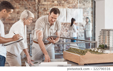 Teamwork architecture, building model and construction of property project, blueprint engineering and industrial planning. Professional designers, creative workers and floor plan scale development Teamwork architecture, building model and construction of property project, blueprint engineering and industrial planning. Professional designers, creative workers and floor plan scale development 122790316