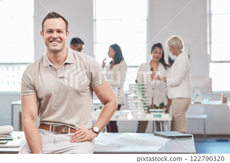 Portrait, smile and happy man or architect at seminar, training workshop or team meeting. Engineer, support and planning workers at a conference, seminar and coaching tradeshow in collaboration. 122790320