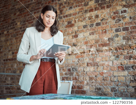 Exhibition, business woman and art working with tablet planning expo in gallery show or event. Management, painting and design with startup and creative employee working at auction museum 122790356