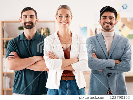 Woman leader, ceo and successful teamwork management with collaboration, company vision and happy office. Portrait group of business people, proud designers and smile professionals in unity together 122790393