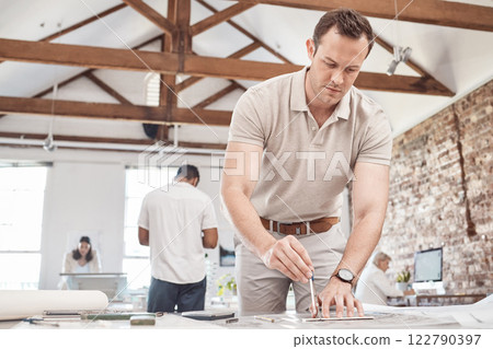 Architect man, engineer or blueprint writing designer planning building architecture on paper. Property construction worker, creative employee or industrial realtor with real estate innovation vision Architect man, engineer or blueprint writing designer planning building architecture on paper. Property construction worker, creative employee or industrial realtor with real estate innovation vision 122790397