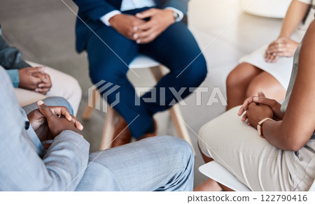 Group therapy, team building or business people hands with coaching therapist, psychologist or man with communication, support and trust closeup. Circle of men and woman talking about work problems 122790416