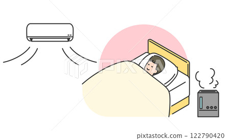 睡眠：一名男子在空調和潮濕的床上睡覺 122790420