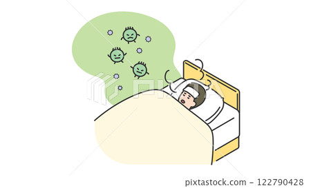 Sleep: A man sick with a fever and in bed Sleep: A man sick with a fever and in bed 122790428