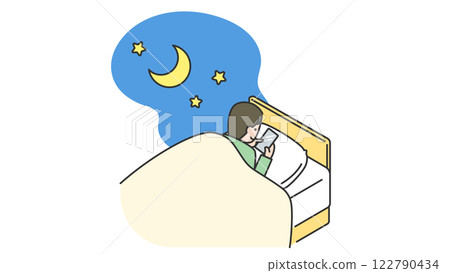 Sleep: A man stays up late in bed playing with his smartphone 122790434