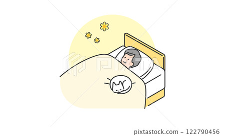 Sleep: Senior man sleeping in bed with cat 122790456