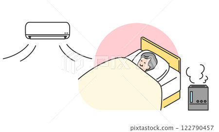 Sleep: Senior man sleeping in bed with humidifier and air conditioner 122790457