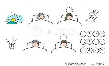 Sleep: Men and women of all ages waking up in bed, set, variations Sleep: Men and women of all ages waking up in bed, set, variations 122790479