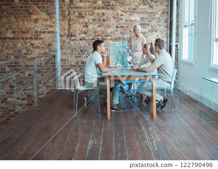 Art gallery, painting and meeting with team for planning, exhibition and auction in a creative office. Teamwork, communication and management with creative artwork employees for ideas and success 122790496