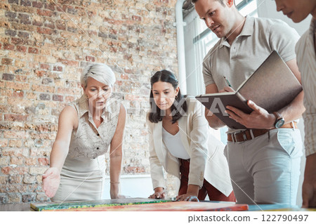 Leadership, teamwork and collaboration of art or painting team planning, support and help from manager. Creative artwork museum workers, working on paintings for gallery or exhibition 122790497