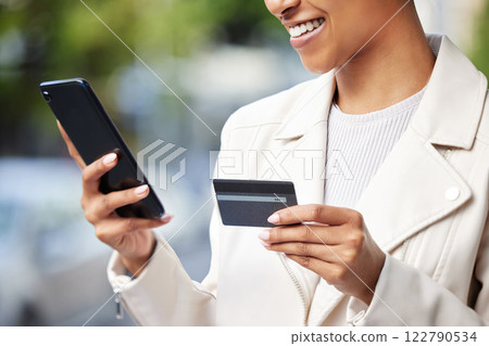 Fintech business woman with phone online shopping, ecommerce and credit card doing financial payment or banking. Corporate finance hands using a 5g network and safe digital bank app or software Fintech business woman with phone online shopping, ecommerce and credit card doing financial payment or banking. Corporate finance hands using a 5g network and safe digital bank app or software 122790534
