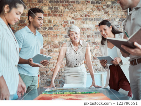 Team of art workers talking in meeting with painting, planning exhibition for creative strategy in gallery and working on design collaboration in office at work. Expert conversation about artwork 122790551