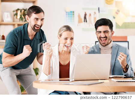 Winner, laptop and team with excited fist for successful news on career deal or business reward. Motivation, happiness and celebration about job update with corporate workers in the office. Winner, laptop and team with excited fist for successful news on career deal or business reward. Motivation, happiness and celebration about job update with corporate workers in the office. 122790637