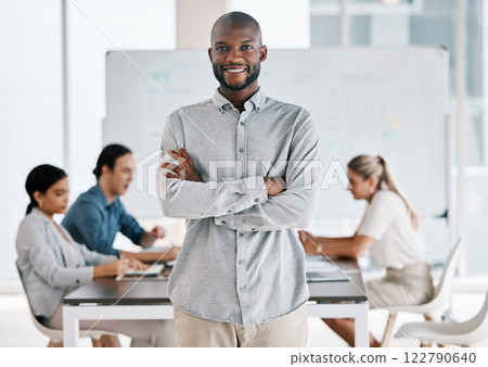 Corporate manager in meeting, leadership of training workshop and coach in work conference at office. Portrait of happy, motivation and success leader of team with arms crossed in coaching seminar 122790640