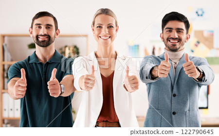 Teamwork thumbs up, business motivation and success, support and yes vote for goal, winning and praise in office. Portrait of happy, smile and excited collaboration as yes emoji, agreement and thanks 122790645