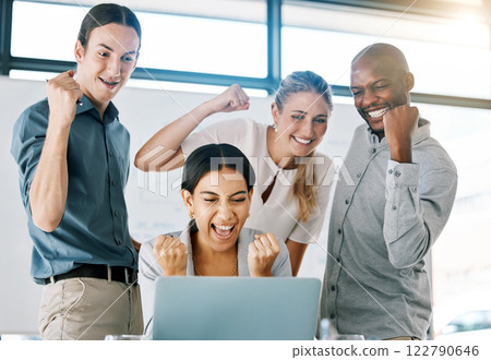 Winning results, fist pump and celebration business people with laptop, online email success on finance profit, crypto or trading. Bonus, victory or yes hands sign of diversity team reading good news Winning results, fist pump and celebration business people with laptop, online email success on finance profit, crypto or trading. Bonus, victory or yes hands sign of diversity team reading good news 122790646