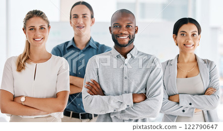 Diversity, success and arms crossed with business people in corporate, innovation and mission office building. Motivation, community or vision with employees together in teamwork, mission and growth Diversity, success and arms crossed with business people in corporate, innovation and mission office building. Motivation, community or vision with employees together in teamwork, mission and growth 122790647
