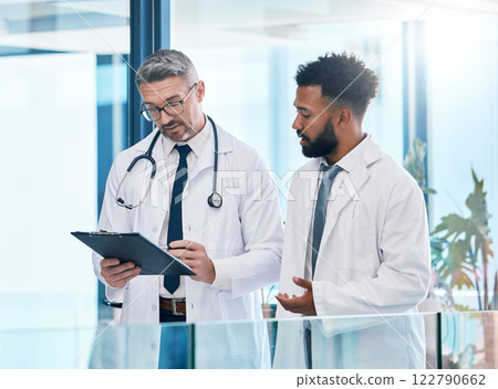 Doctor , healthcare worker and medical expert talking about health insurance, collaboration in surgery and communication about results at a clinic. Expert employees working on research in hospital 122790662