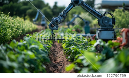 Robotic arms tend to crops in a modern agricultural setting Robotic arms tend to crops in a modern agricultural setting 122790769