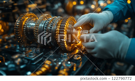 Mechanic repairing a vehicle transmission with precision and efficiency 122790772